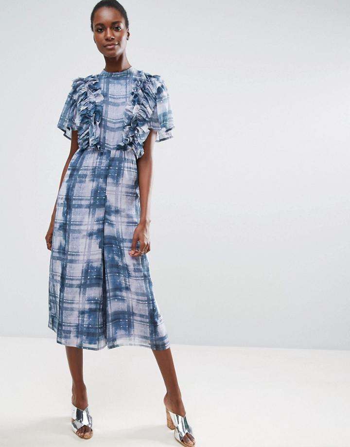 Asos Jumpsuit With Raw Edge Ruffle Detail In Blurred Check Print - Multi