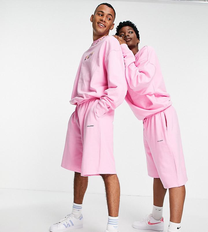 Collusion X Exist Loudly Unisex Oversized Shorts With Print In Pink Set