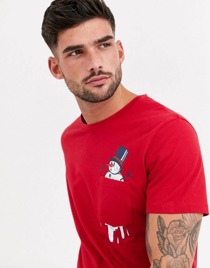 Jack & Jones Originals Holidays T-shirt With Snowman Graphic-red