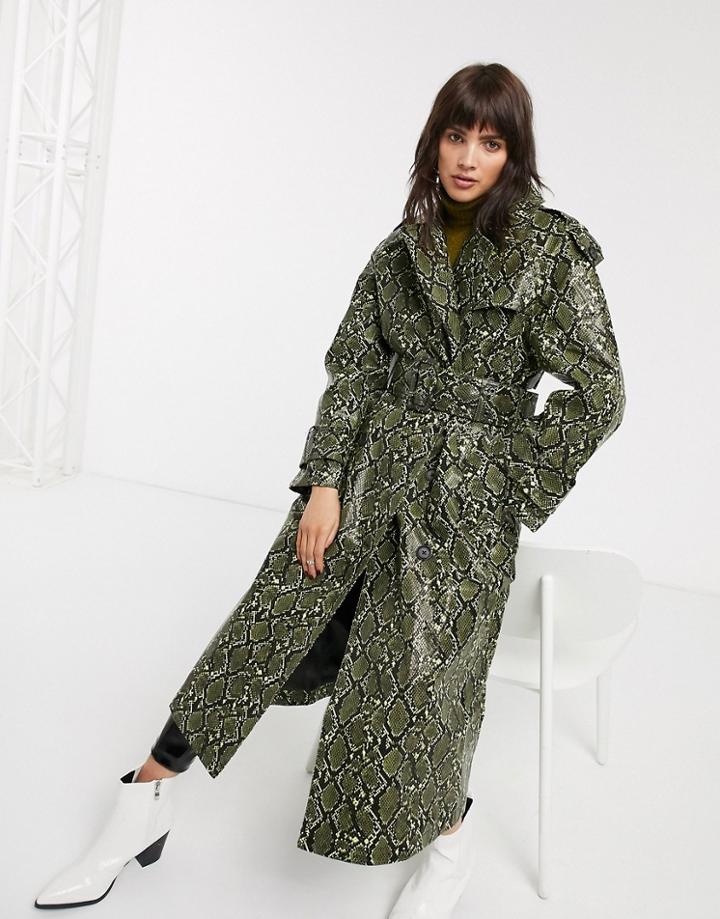 Asos Design Snake Trench Coat With Statement Belt-green