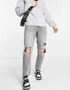 Asos Design Classic Rigid Jeans With Heavy Knee Rips In Washed Black