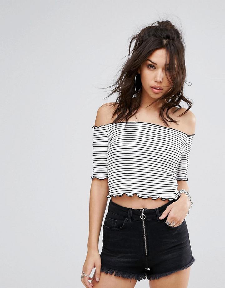 Prettylittlething Bardot Frill Sleeve Stripe Top - Multi