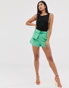Asos Design Turn Up Shorts With Fanny Pack Belt - Green