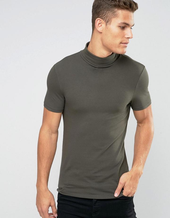 Asos Extreme Muscle T-shirt With Roll Neck In Khaki - Green