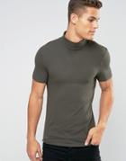 Asos Extreme Muscle T-shirt With Roll Neck In Khaki - Green