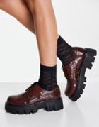 Asos Design Marcos Leather Chunky Lace Up Flat Shoes In Snake-brown