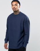 Asos Oversized Longline Sweatshirt In Reverse Loopback With Taping - Navy
