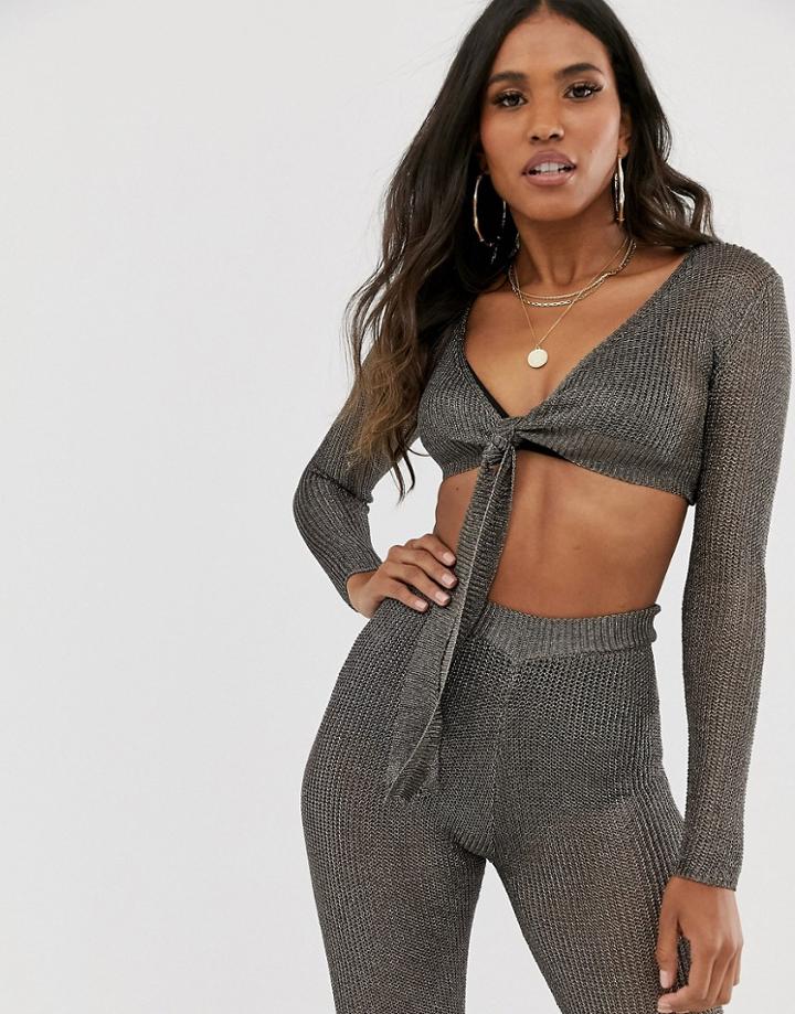 Sorelle Uk Knitted Shimmer Tie Front Two-piece In Gunmetal