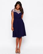 Little Mistress Midi Dress With Embroidered Sleeves - Navy
