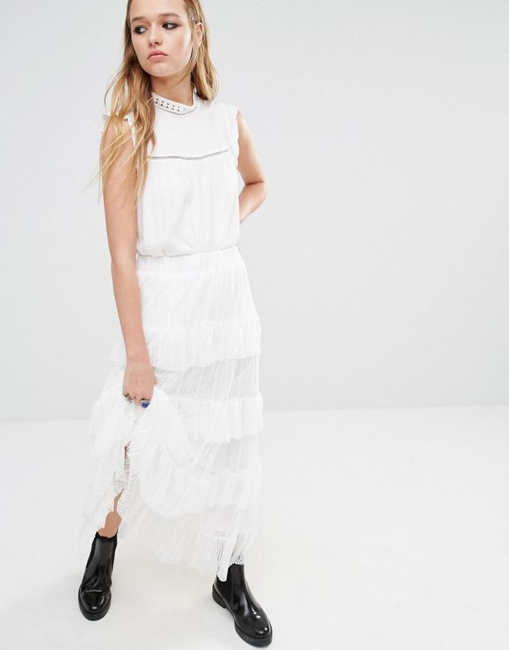 Navy London Maxi Skirt With Lace Tiers - White