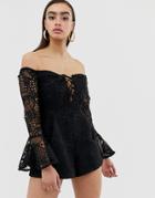 Lioness Off Shoulder Lace Romper With Bell Sleeve In Black - Black