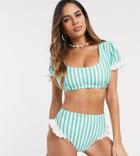 Peek & Beau Fuller Bust Exclusive Recycled Polyester T-shirt Bikini Top With Lace Detail In Green Stripe D-f