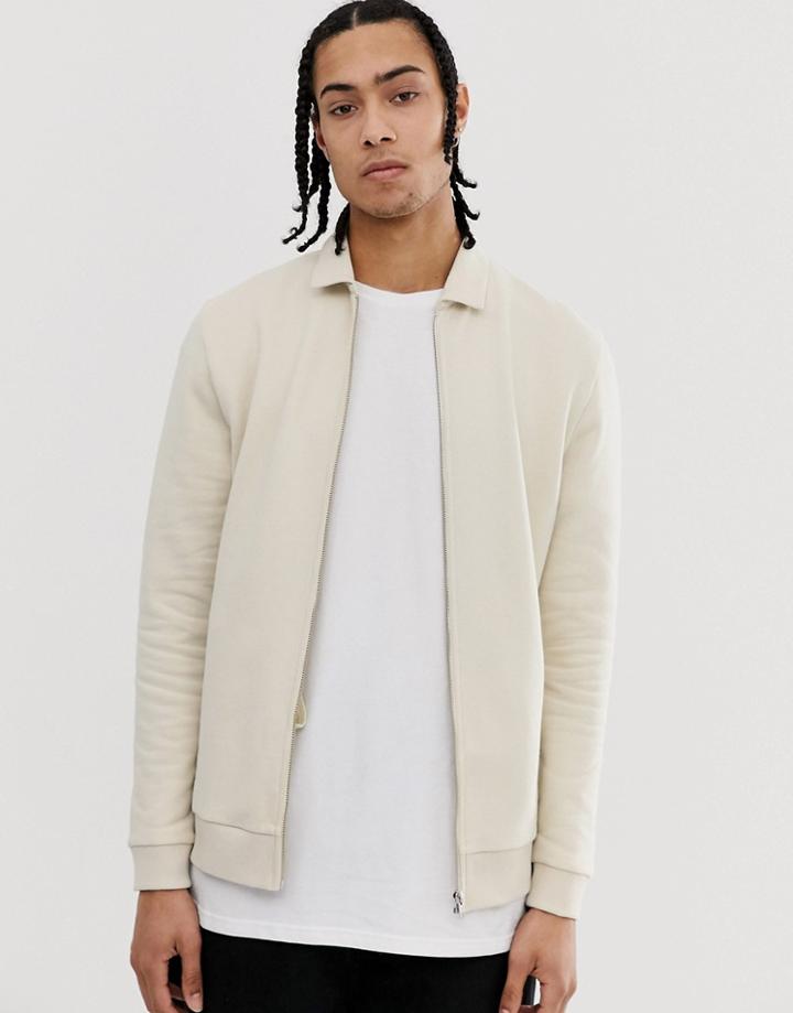 Asos Design Harrington Jersey Jacket In Beige - Beige
