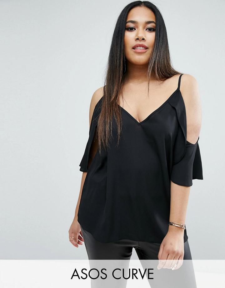Asos Curve Cold Shoulder Cami Top With Flutter Sleeve - Black