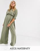 Asos Design Maternity Tie Waist Jumpsuit-green