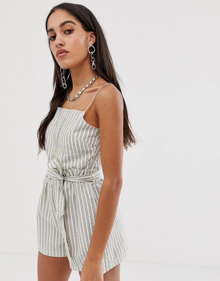 Bershka Tie Waist Romper In Stripe Print-white