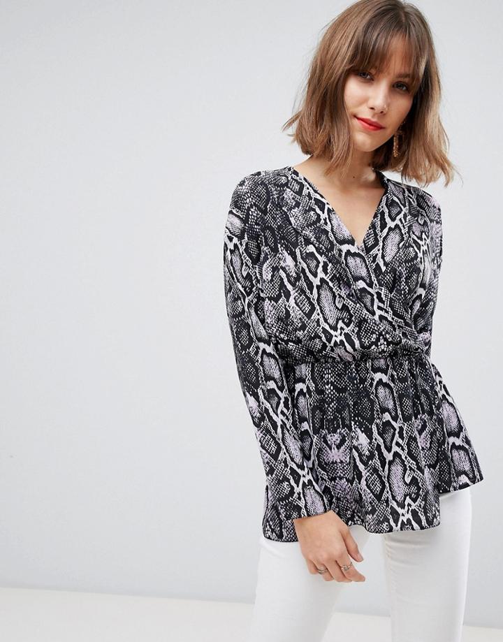 Asos Design Long Sleeve Asymmetric Wrap Top In Snake Animal Print-multi