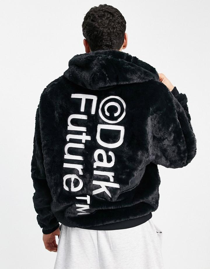 Asos Dark Future Oversized Hoodie In Faux Fur With Logo Embroidery In Black
