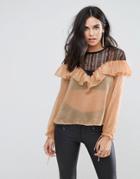 Love & Other Things Long Sleeve Top With Frill & Mesh Detail - Pink
