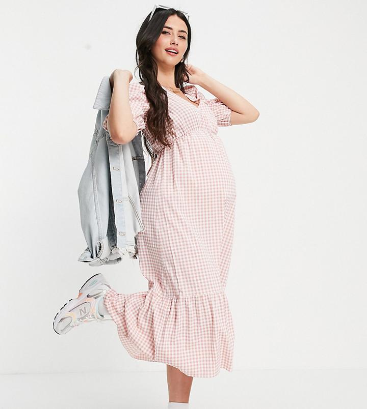 New Look Maternity Short Sleeve Wrap Tiered Midi Dress In Pink Gingham