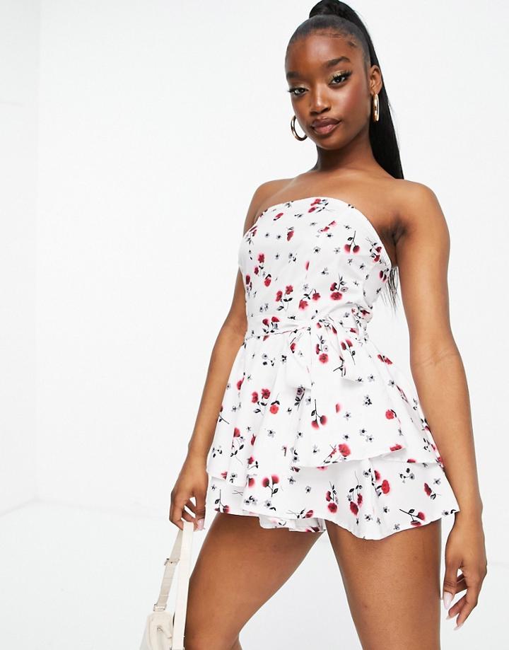 Parisian Bandeau Frill Detail Romper In Floral Print-white