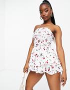 Parisian Bandeau Frill Detail Romper In Floral Print-white