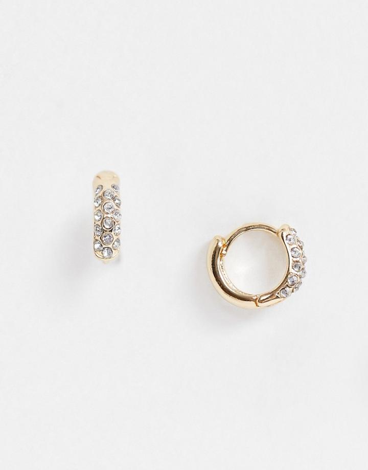 Asos Design Mini Hoop Earrings With Crystal In Gold Tone