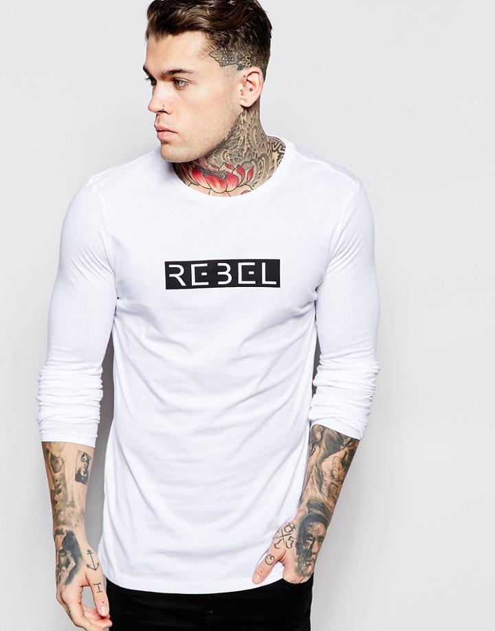 Asos Relaxed Longline Long Sleeve T-shirt With Rebel Print - White