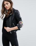 Miss Selfrdige Embroidered Faux Leather Jacket - Black
