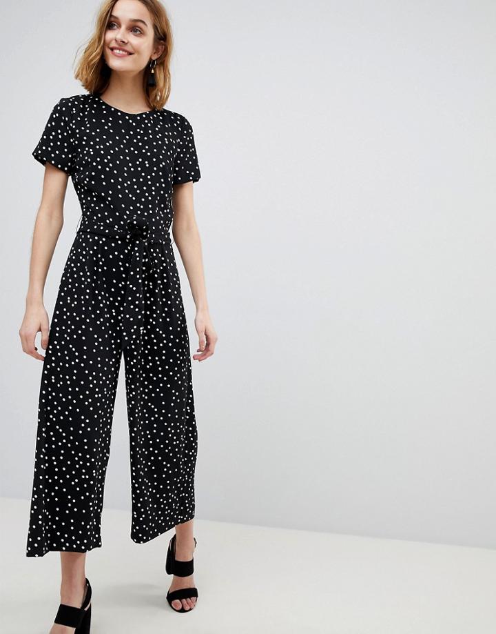Warehouse Polka Dot Belted Crepe Jumpsuit - Black