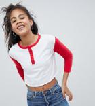 Asos Design Tall Crop T-shirt With Contrast 3/4 Length Sleeve And Button Placket - White