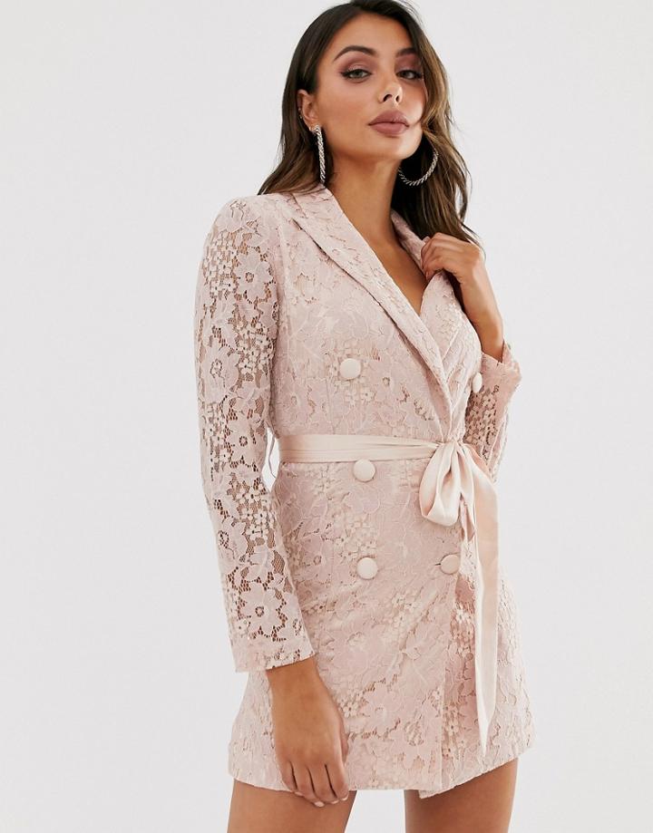 Love Triangle Lace Blazer Dress With Ribbon Detail In Taupe