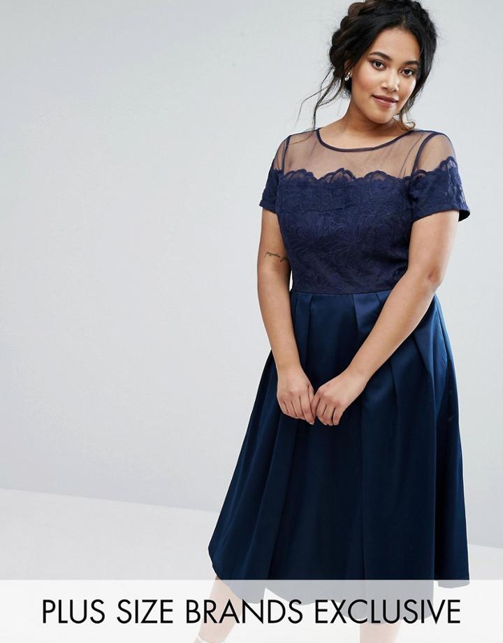 Chi Chi London Plus Embroidered Mesh Bodice Dress With Sateen Skirt - Navy