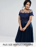 Chi Chi London Plus Embroidered Mesh Bodice Dress With Sateen Skirt - Navy