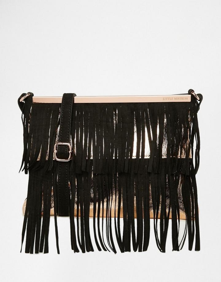 Little Mistress Metallic Fringe Cross Body Bag - Black