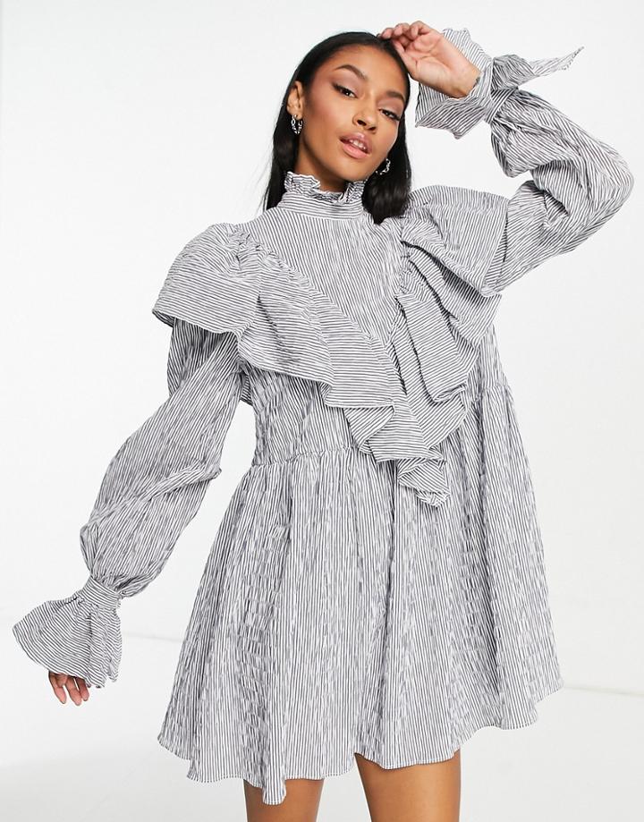 Asos Edition Ruffle Smock Mini Shirt Dress In Navy Stripe