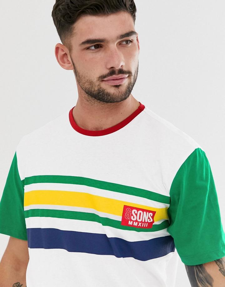 Only & Sons Logo Color Block Stripe T-shirt In White - White