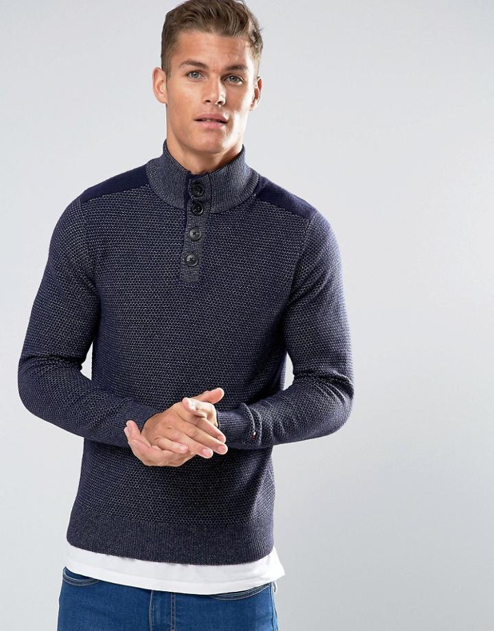 Tommy Hilfiger Sweater With Button Neck In Birdseye Pattern - Navy