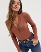 Asos Design Rib V Neck Sweater With Button Detail - Brown