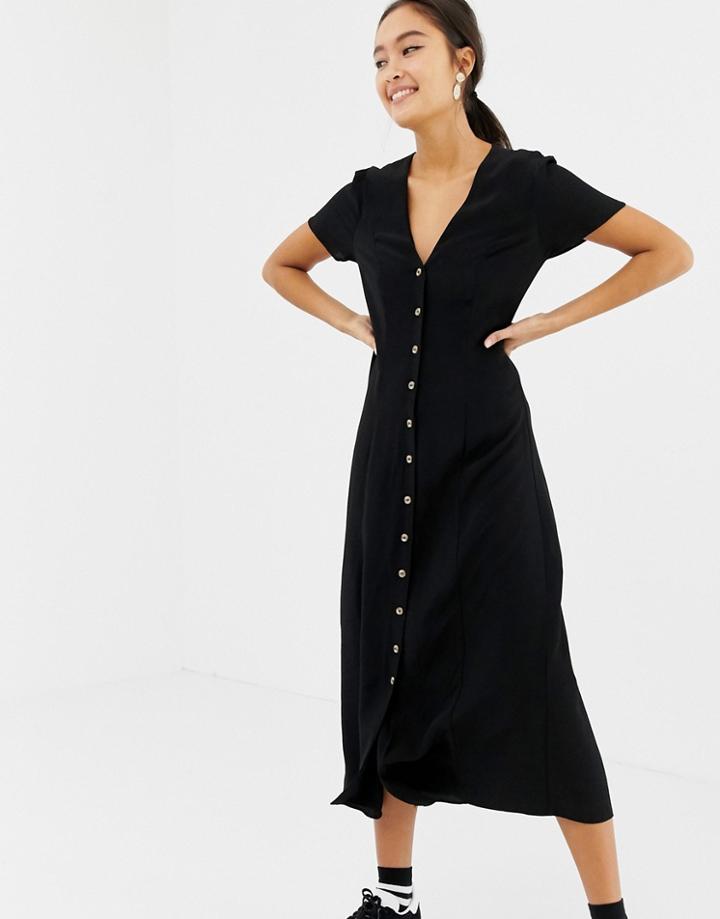 New Look Button Through Tea Dress In Black - Black