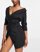 Asos Design Off Shoulder Shirt Mini Dress With Wrap Skirt In Black