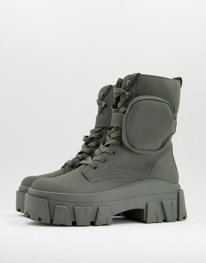 Asos Design Lace Up Calf Boots In Khaki Faux Nubuck With Chunky Sole And Strap Detail-green