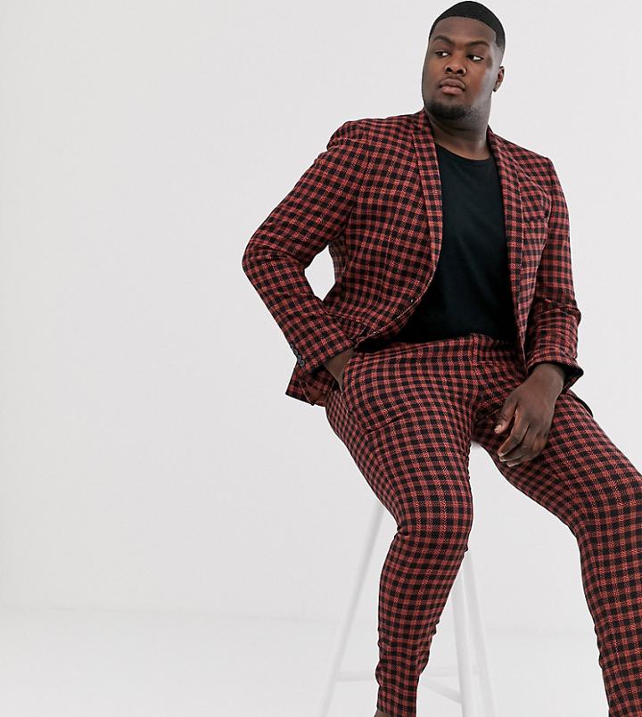 Asos Design Plus Super Skinny Suit Pants In Brushed Navy And Orange Check