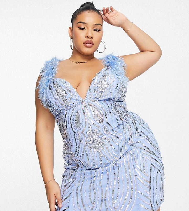 Asos Luxe Curve Embellished Gemstone Mini Dress With Faux Feathers In Blue