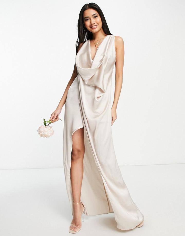 Tfnc Bridesmaid Satin Wrap Maxi Dress In Mink-pink