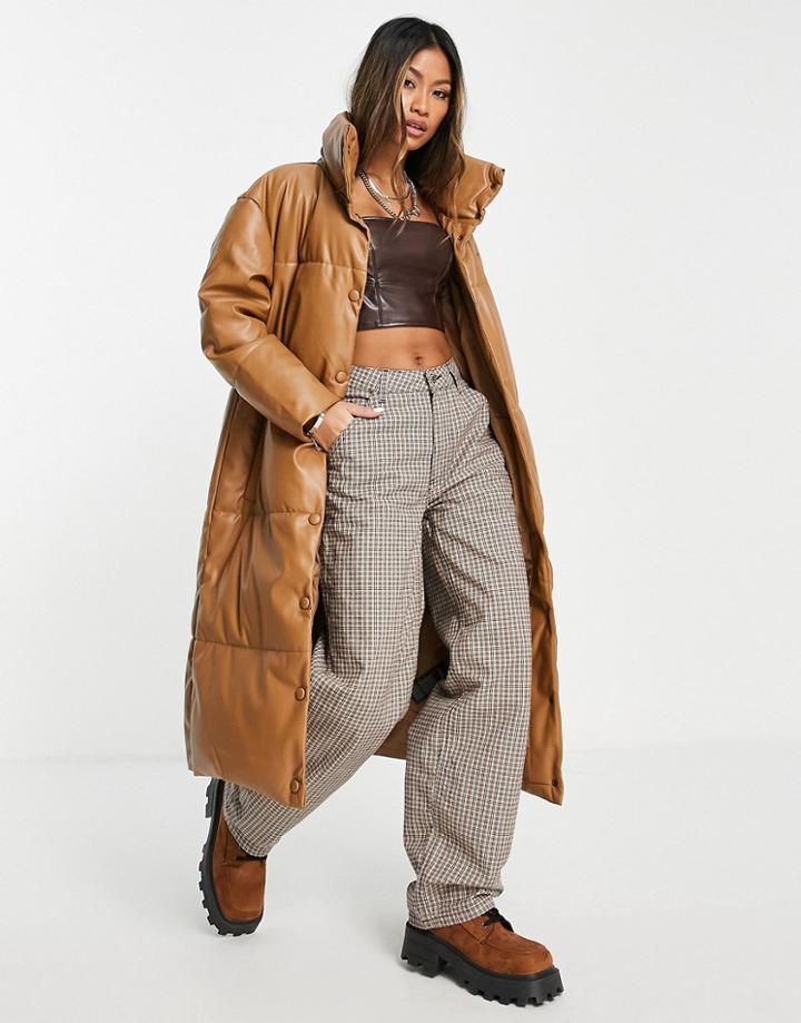 Only Maxi Faux Leather Padded Puffer Coat In Light Brown