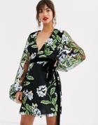 Asos Design Embroidered Wrap Mini Dress With Blouson Sleeve And Tie Waist-navy