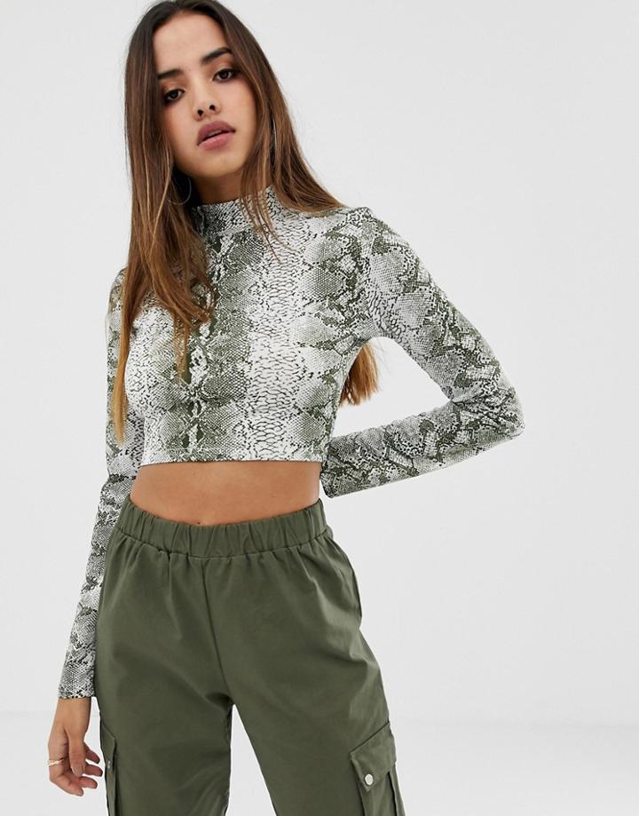 Prettylittlething Long Sleeve Crop Top With High Neck In Snake - Multi