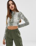 Prettylittlething Long Sleeve Crop Top With High Neck In Snake - Multi