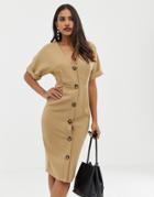 Asos Design Button Through Midi Wiggle Dress - Beige